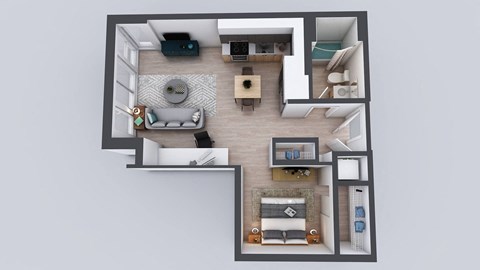 Floor plan for 1 bed, 1 bath, 671 sqft
